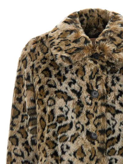 Twinset Brown Coat With Notched Collar And All-over Leopard Motif In Ecofur Woman In Animal Print