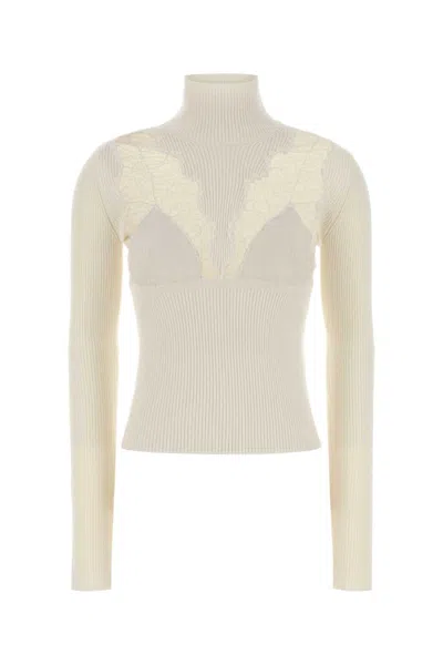 Blumarine Turtleneck Fitted Sweater Lace Detailing In White
