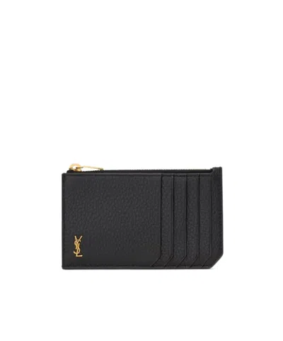 Saint Laurent Tiny Cassandre Fragments Zip Card Case In Grained Leather In Black