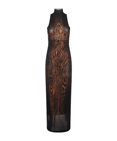 Jean Paul Gaultier Long Dress In Multicolor Mesh With High Neck And Sleeveless Design In Brown