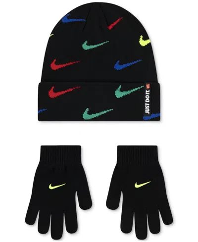Nike Big Boys 2-piece Swoosh Repeat Beanie And Gloves Set In Black