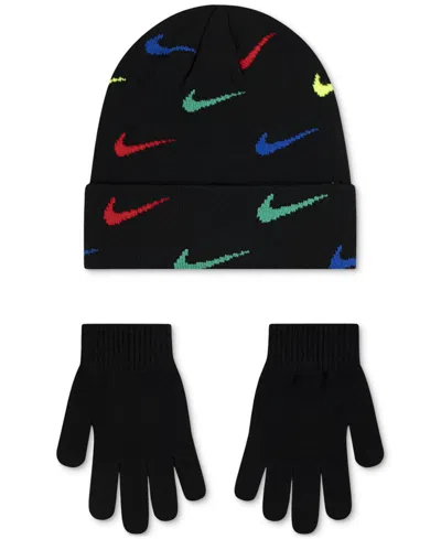 Nike Big Boys 2-piece Swoosh Repeat Beanie And Gloves Set In Black