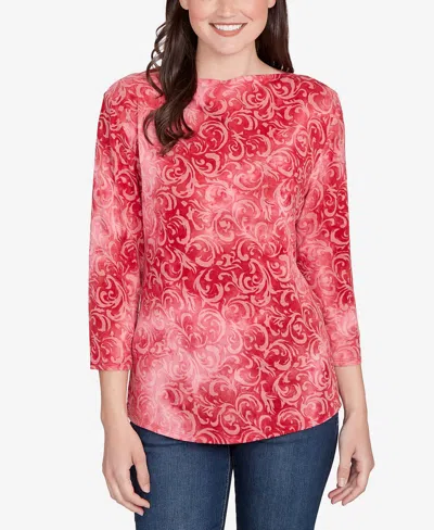 Ruby Rd. Petite Tie Dye Scroll Floral Hatchi Top In Red