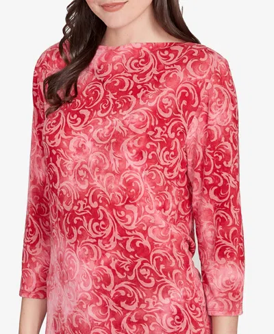 Ruby Rd. Petite Tie Dye Scroll Floral Hatchi Top In Red