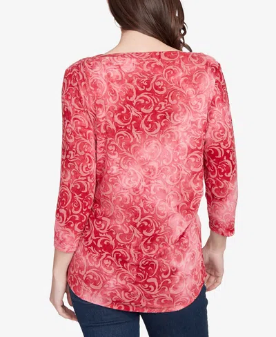 Ruby Rd. Petite Tie Dye Scroll Floral Hatchi Top In Red
