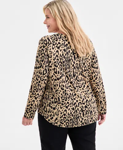 Jm Collection Plus Size Printed V-neck Long-sleeve Top In Multi