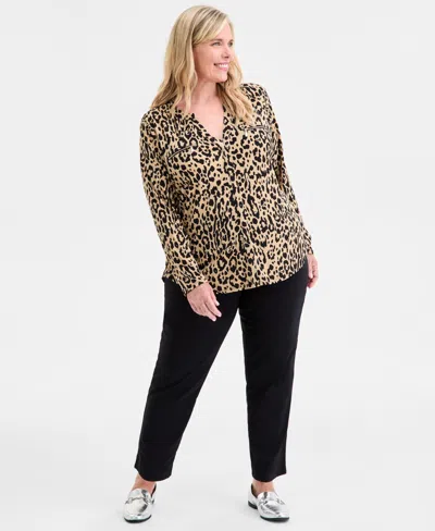 Jm Collection Plus Size Printed V-neck Long-sleeve Top In Multi