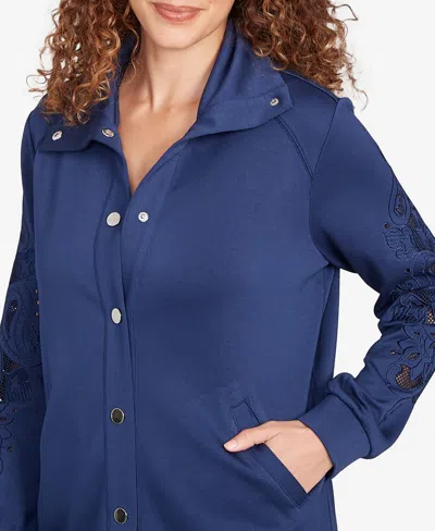 Ruby Rd. Petite Embroidered Floral Cutout Snap Jacket In Blue