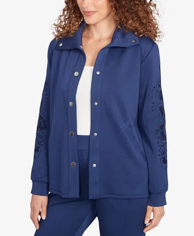 Ruby Rd. Petite Embroidered Floral Cutout Snap Jacket In Blue