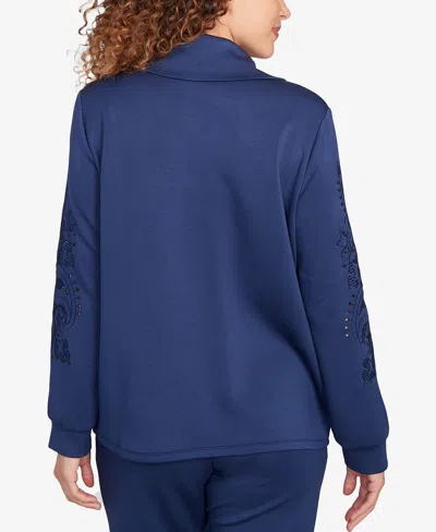 Ruby Rd. Petite Embroidered Floral Cutout Snap Jacket In Blue