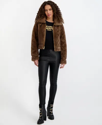 Karl Lagerfeld Women's Faux Leopard Fur Funnel Collar Jacket In Brown