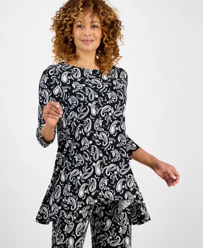 Jm Collection Women's Printed 3/4-sleeve Swing Knit Top Exclusively At Macy's In Black
