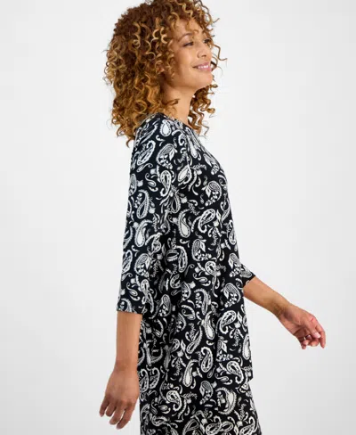 Jm Collection Women's Printed 3/4-sleeve Swing Knit Top Exclusively At Macy's In Black