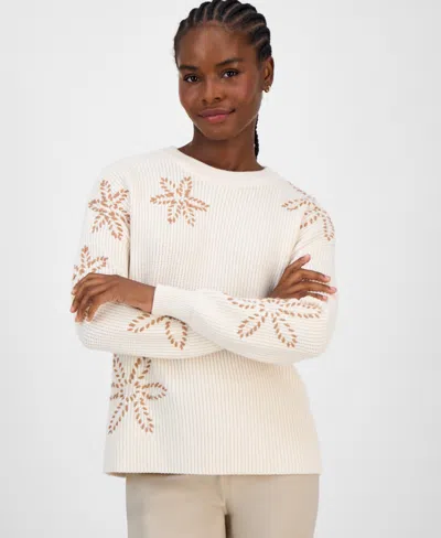 T Tahari Long Sleeve Crewneck Sweater With Floral Embroidery In Neutral