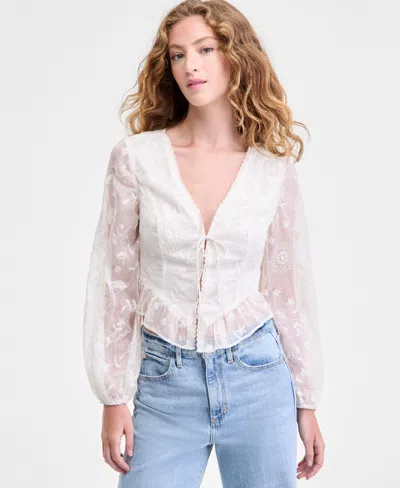 Guess Women's Seiah Embroidered Blouson-sleeve Top In White