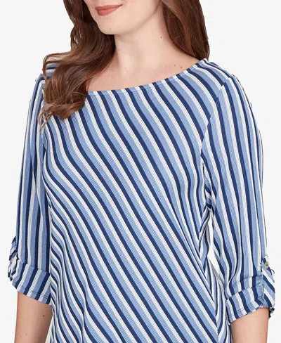 Ruby Rd. Petite Textured Stripe Roll Tab Sleeve Top In Blue