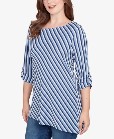 Ruby Rd. Petite Textured Stripe Roll Tab Sleeve Top In Blue