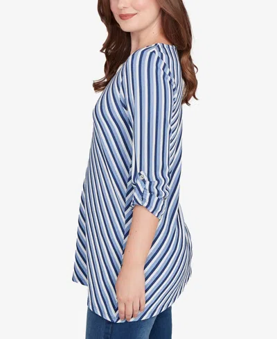 Ruby Rd. Petite Textured Stripe Roll Tab Sleeve Top In Blue