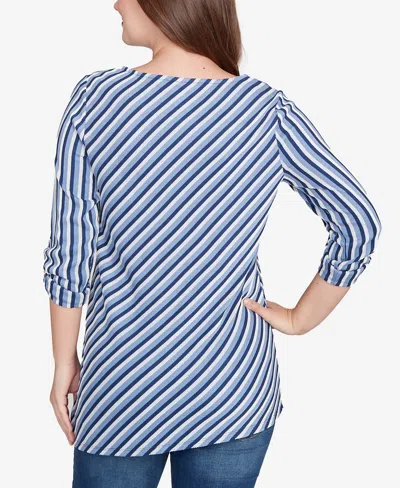Ruby Rd. Petite Textured Stripe Roll Tab Sleeve Top In Blue