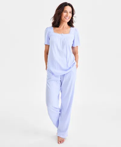 Charter Club Women's Short-sleeve Pointelle Knit Pajama Set In Blue