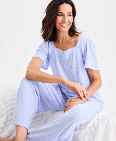 Charter Club Women's Short-sleeve Pointelle Knit Pajama Set In Blue
