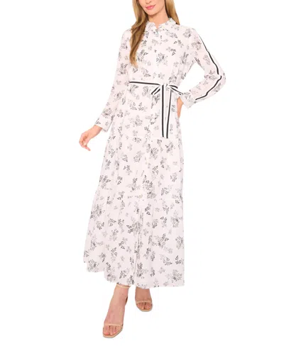 Cece Women's Floral Long Sleeve Tie-waist Shirtdress In White