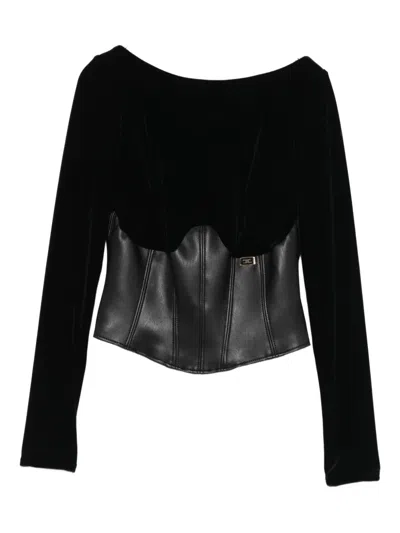 Elisabetta Franchi Bustier Top In Black Velvet And Faux Leather In Black