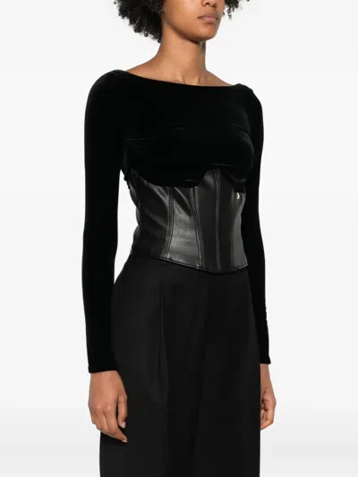 Elisabetta Franchi Bustier Top In Black Velvet And Faux Leather In Black