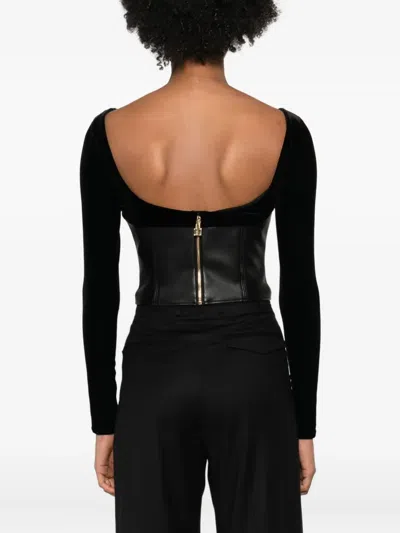 Elisabetta Franchi Bustier Top In Black Velvet And Faux Leather In Black