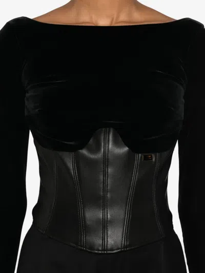 Elisabetta Franchi Bustier Top In Black Velvet And Faux Leather In Black