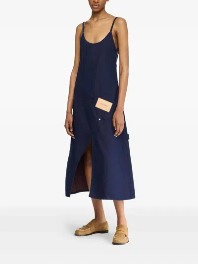 Jw Anderson Navy Twisted Workwear Denim Midi Dress In Blue