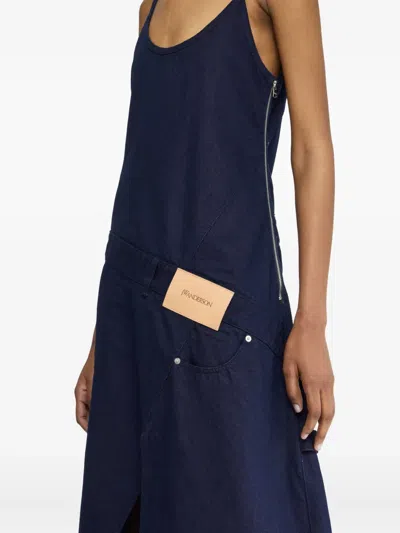 Jw Anderson Navy Twisted Workwear Denim Midi Dress In Blue