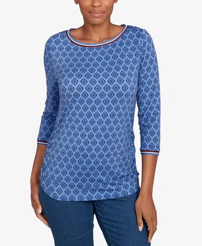 Ruby Rd. Petite Stripe Tipped Monotone Textured Top In Blue