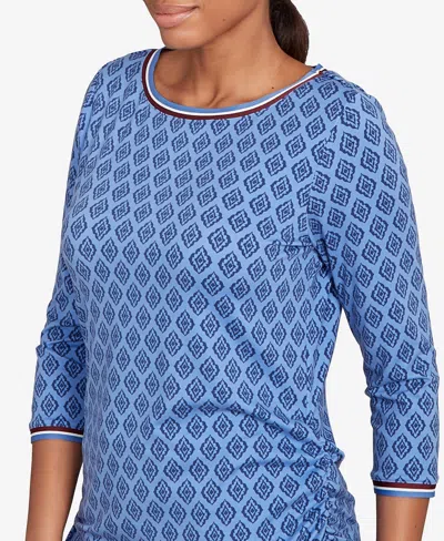Ruby Rd. Petite Stripe Tipped Monotone Textured Top In Blue