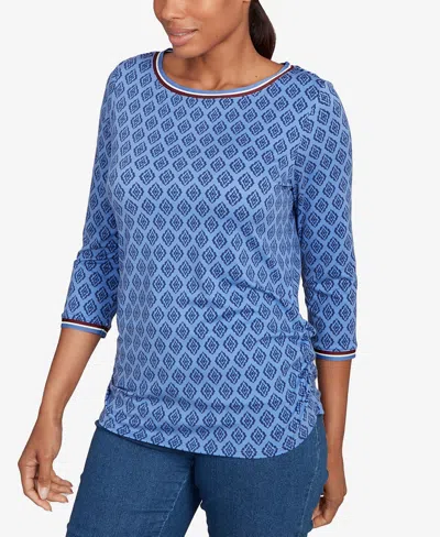 Ruby Rd. Petite Stripe Tipped Monotone Textured Top In Blue