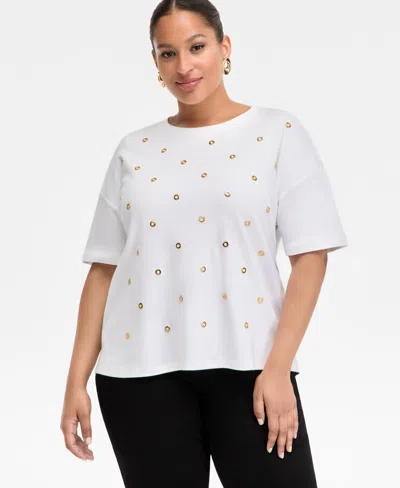 Inc International Concepts Plus Size Grommet Embellished Cotton Top, Macy's Exclusive In Animal Print