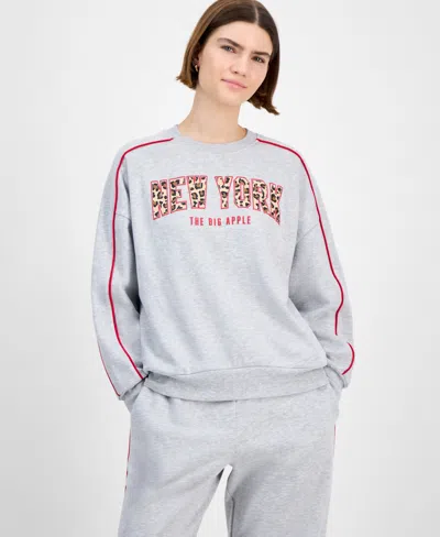 Rebellious One Juniors' Leopard New York Crewneck In Gray