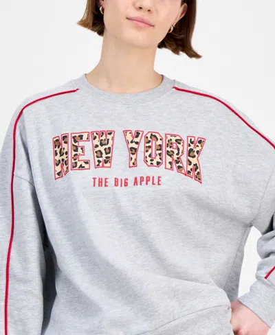 Rebellious One Juniors' Leopard New York Crewneck In Gray
