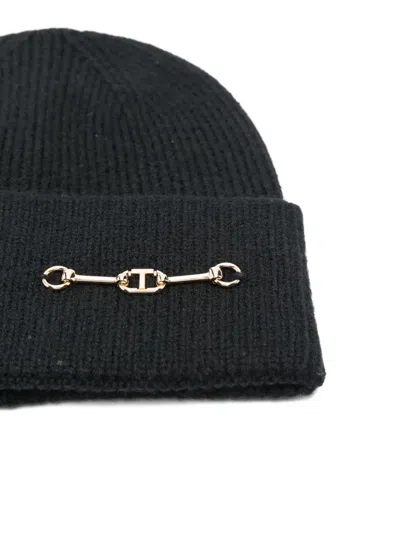 Twinset Black Cap With Metallic Logo On The Front In Fabric Woman In Black