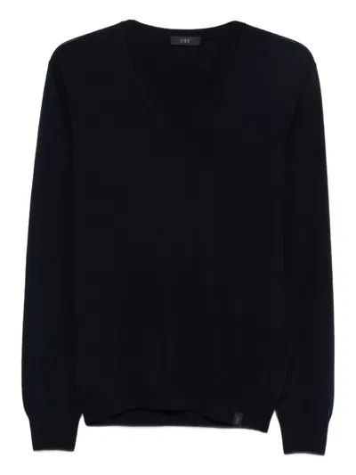 Fay Ribbed Crew Neck Wool Sweater With Long Sleeves In Black
