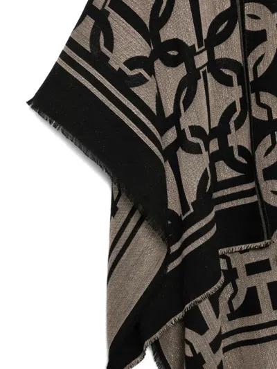 Twinset Geometric-pattern Fringed Poncho In Black