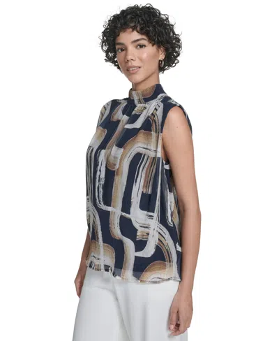 Calvin Klein Abstract Mock Neck Micropleat Shell In Blue
