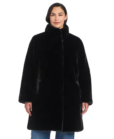 Jones New York Plus Size Stand-collar Faux-fur Coat In Black