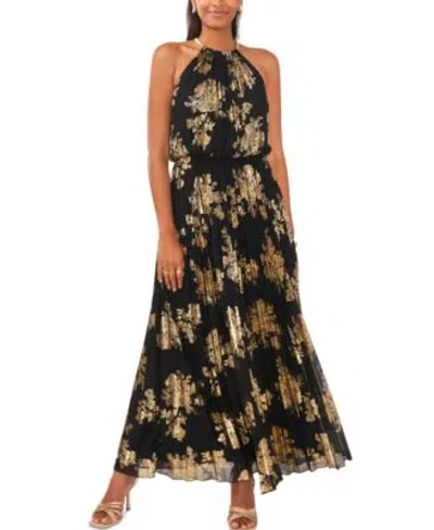 Msk Metallic-print Pleated Blouson Gown In Black