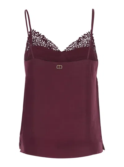 Twinset Bordeaux Top With Thin Strap And Logo Plaque On The Back In Fabric Woman In Red