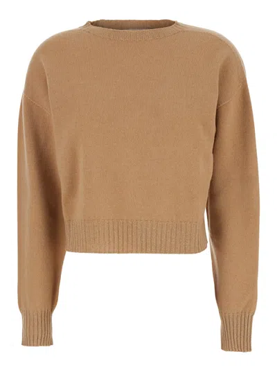 Twinset Twin-set Beige Crew Neck Sweater In Soft Wool-cashmere Blend In Brown