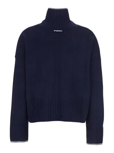 Pinko Blue Turtleneck Sweater With Back Logo In Wool Woman In Blue