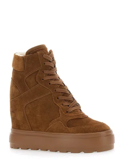 Casadei 80mm Lace-up Wedge-heel Sneakers In Brown