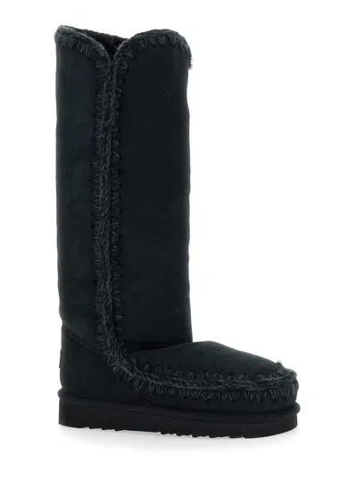 Mou Eskimo Black Boots With Braided Effect And Logo Patch On The Rear In Leather Woman In Black