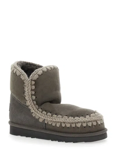 Mou Eskimo Grey Ankle Boots With Crochet Details And Logo Patch On The Rear In Suede Woman In Gray